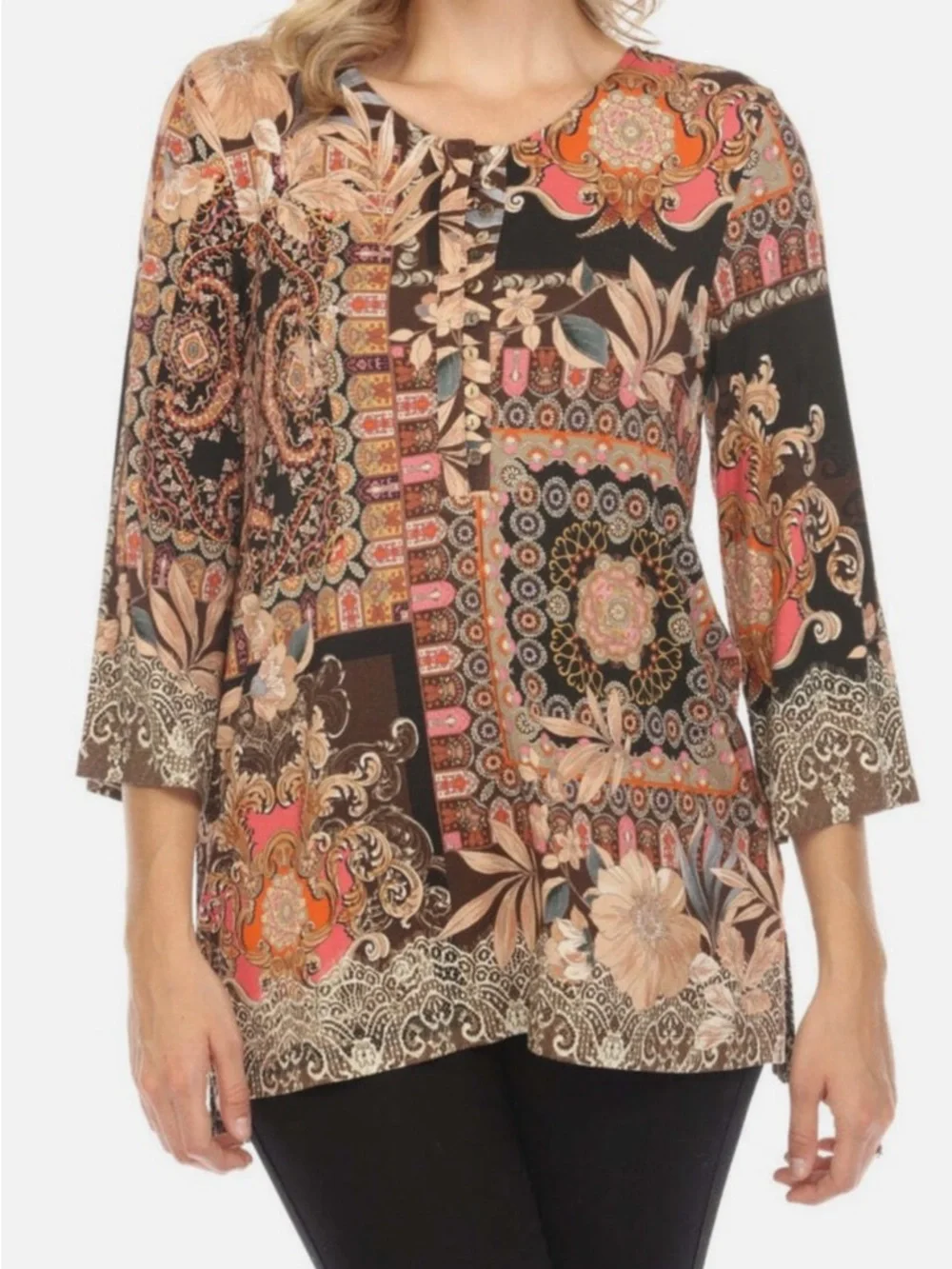 Johnny Was Boho Patchwork Floral Tunic - Black, Pink & Tan size medium - Picture 1 of 4